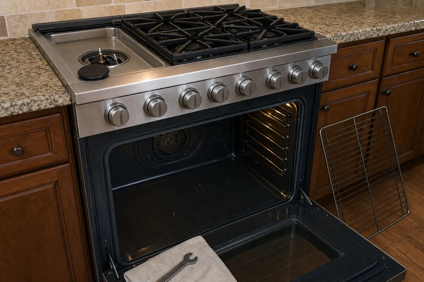 Stainless range with the oven door open and one cooktop burner exposed next to the flat plate section