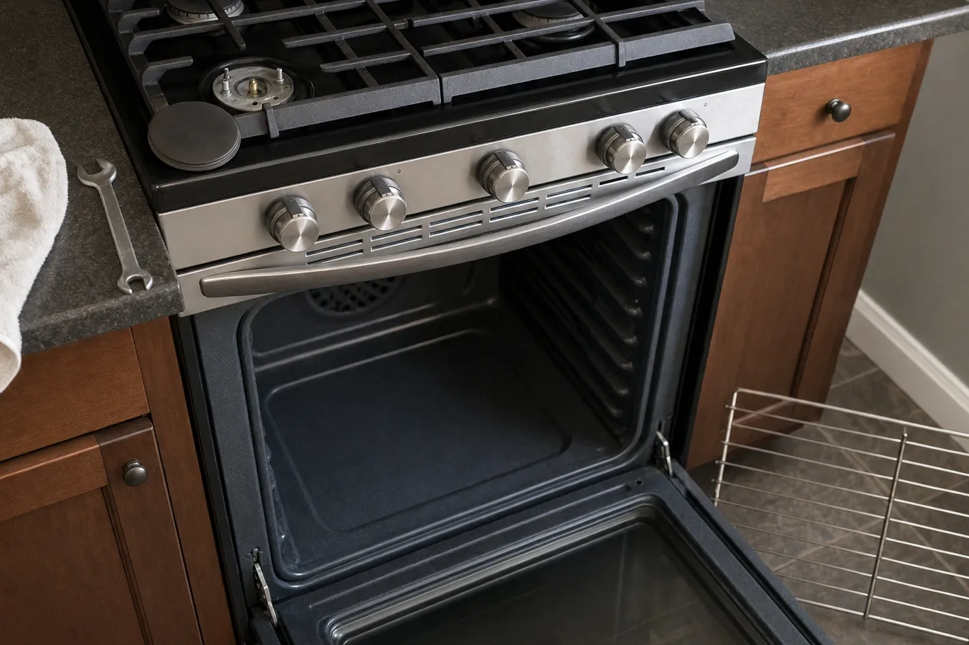 Slide-in range with a curved knob panel, oven door open on an empty cavity, one burner cap removed above