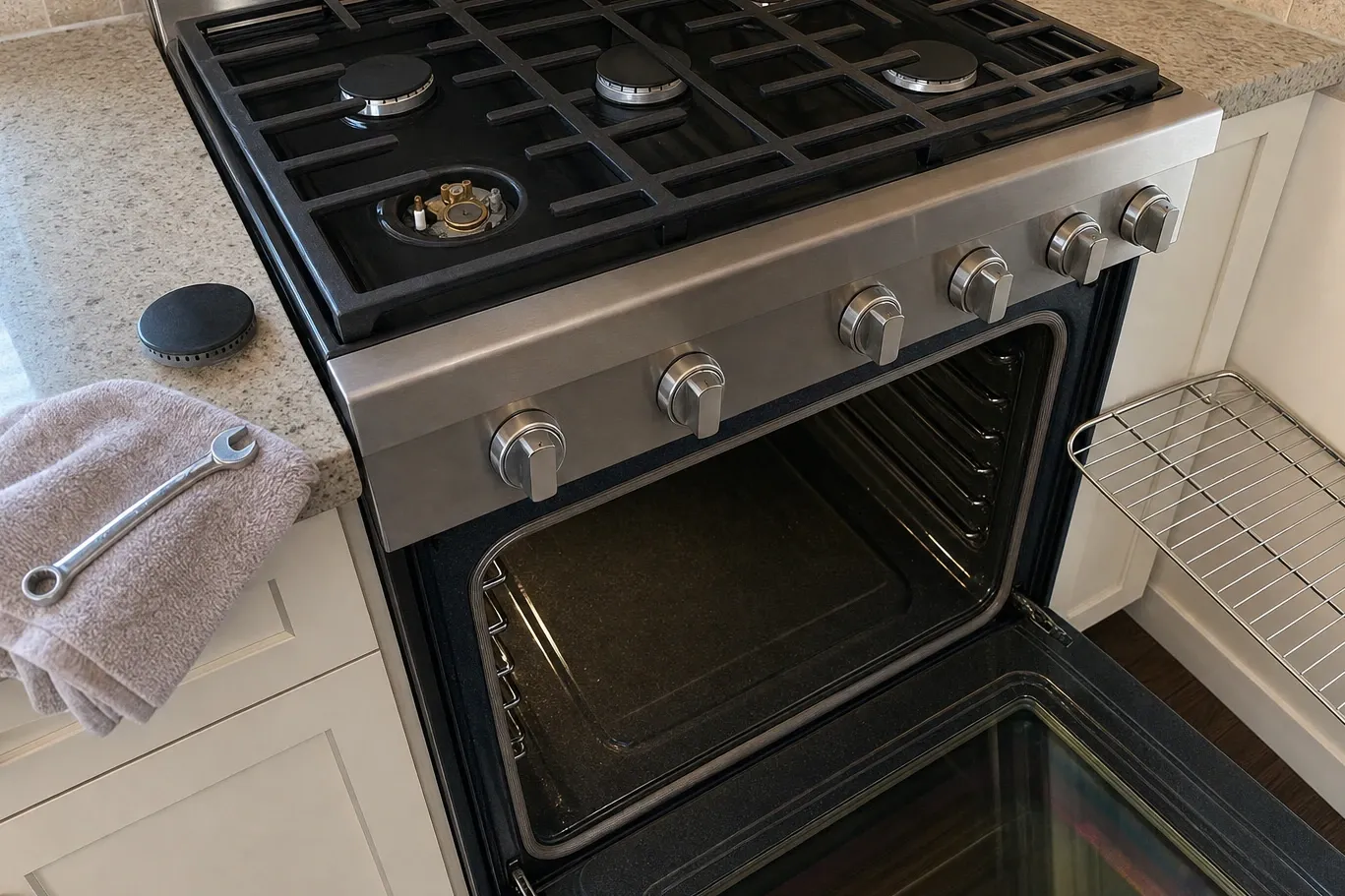 Cooktop burner cap lifted off, brass orifice and spark electrode exposed, the cap resting on the counter